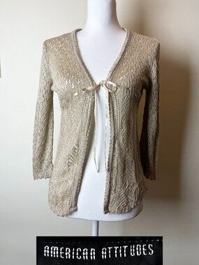 American Attitudes Vintage Y2K Crochet Knit Tie-Front Cardigan Top Tan Small EUC